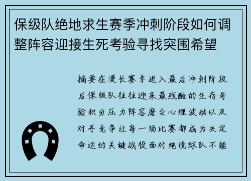 保级队绝地求生赛季冲刺阶段如何调整阵容迎接生死考验寻找突围希望